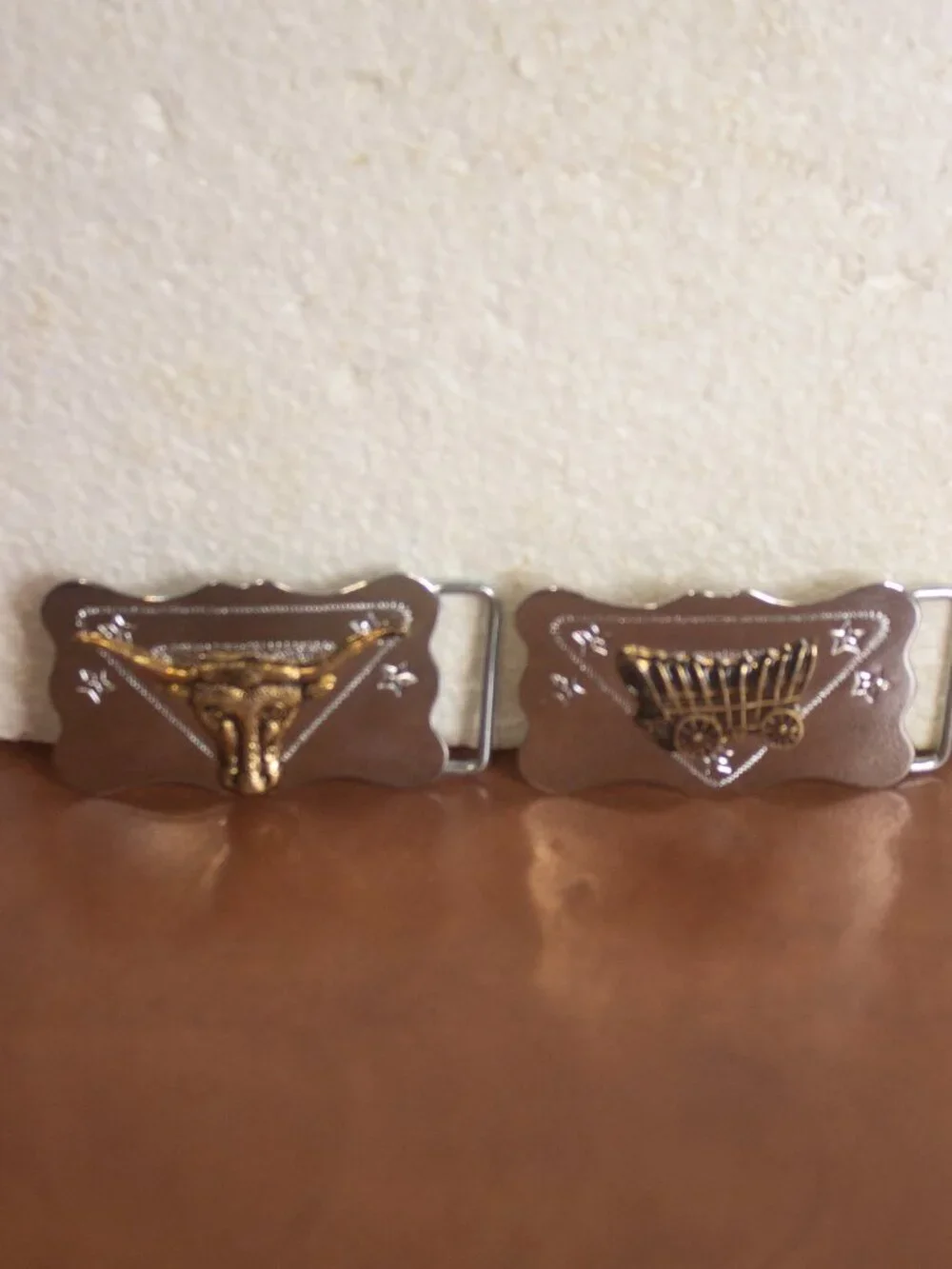 Pair of Small Western Belt Buckles Longhorn & Covered Wagon 2.25” Tex Tan Box